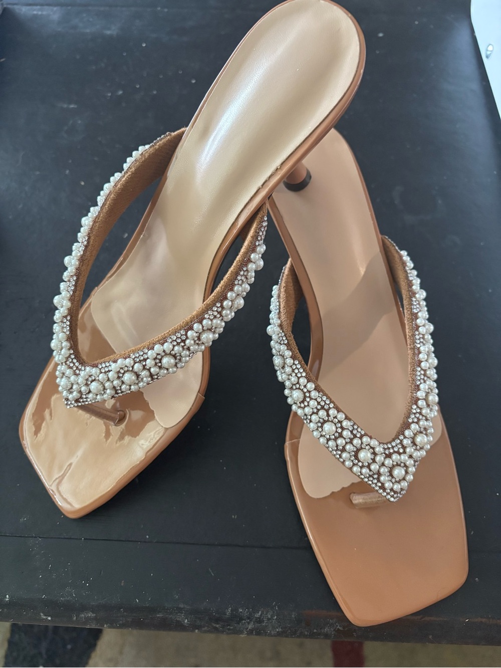 Pearl-Embellished Tan Women's Heel Sandals